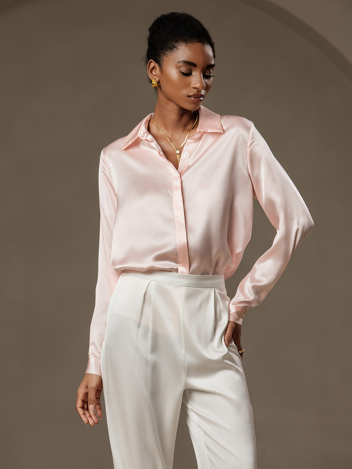[Rosa] SilkSilky-SE 19Momme Silke Lapel Collar Damskjorta 001