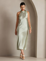 [Ljusgrön] SilkSilky-SE 19Momme Stretch Silk Charmeuse Sleeveless Halter Klänning 001