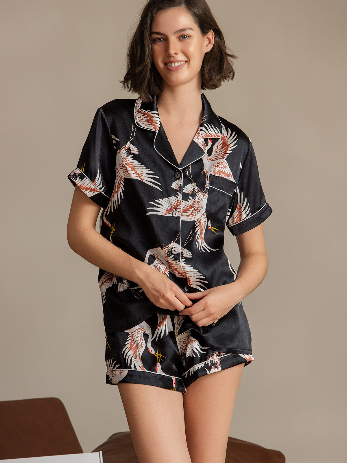 [Svart] SilkSilky-SE 19Momme Rent Silke Womens Pajamas 002