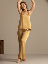[Tan] SilkSilky-SE 19Momme Ärmlös Djup Rund Halsringning Dam Pyjama 004