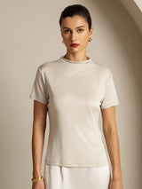 [Grå] SilkSilky-SE 100% Silk Jersey Short Sleeve Mock Neck Dam T-Shirt 006