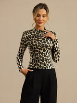 [Leopard] SilkSilky-SE Lång Ärm Mockkrage Dam T-Shirt 005