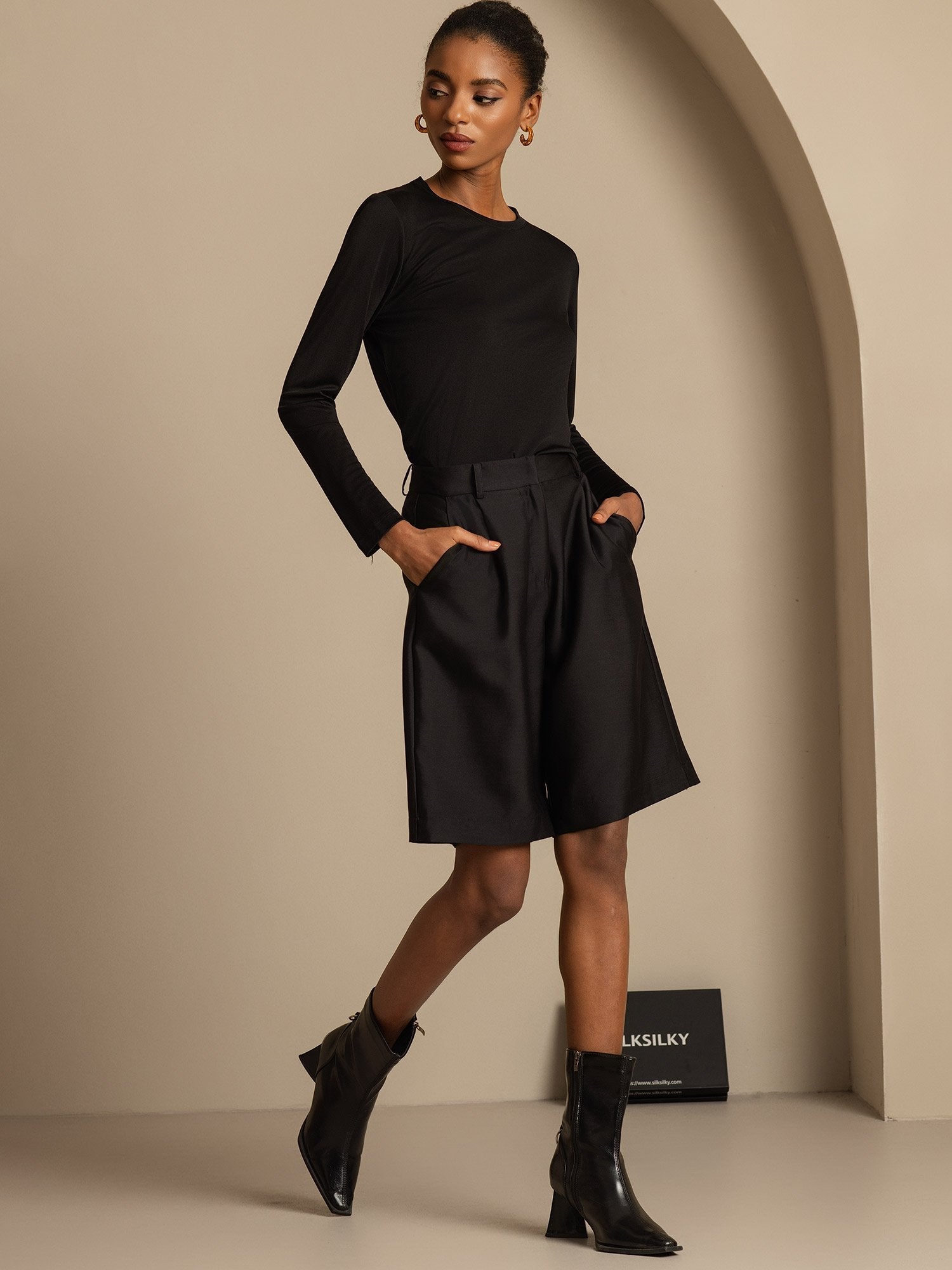 [Svart] SilkSilky-SE 32Momme Silk-Wool Blend Womens Shorts 006,