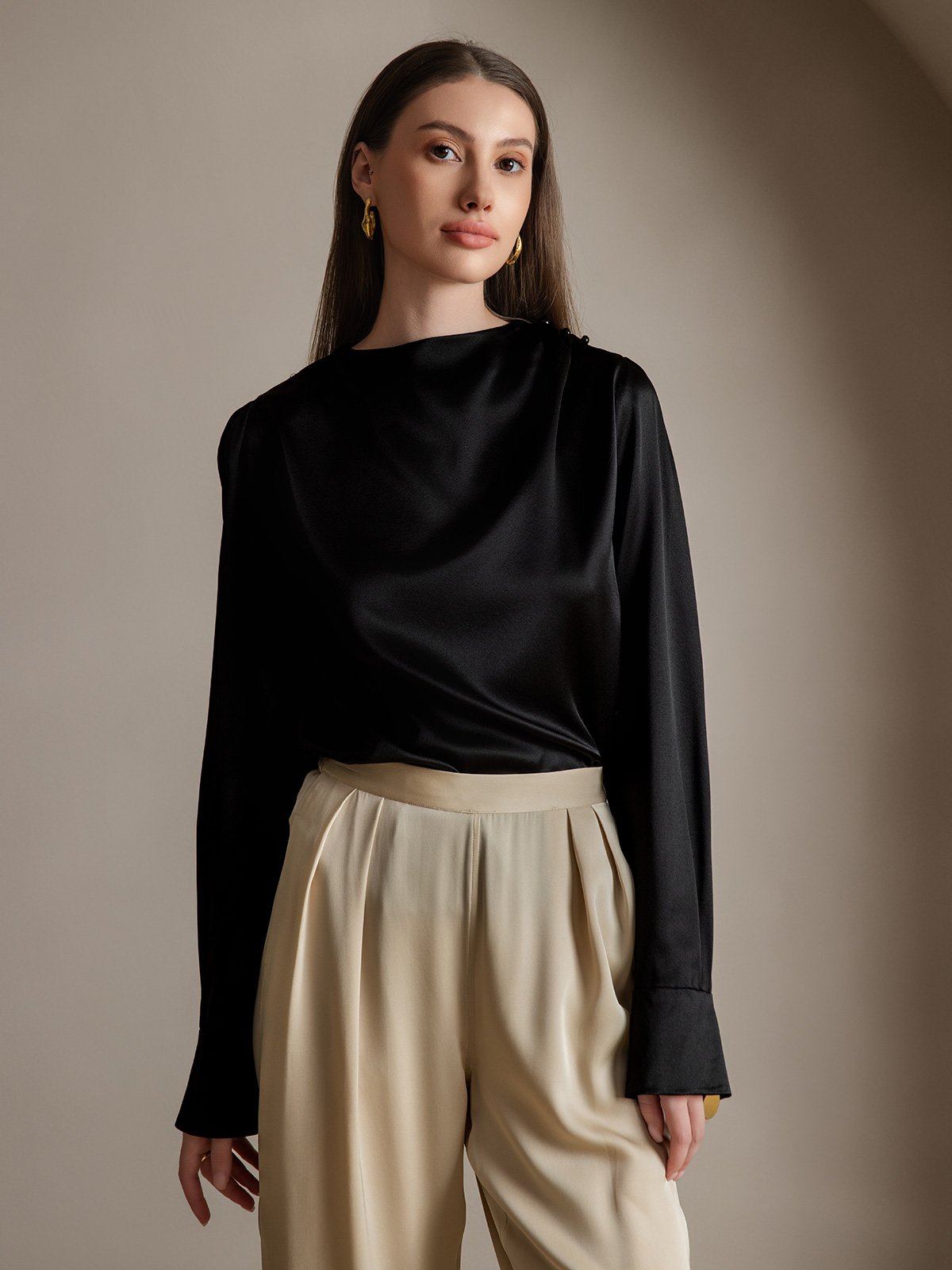 [Svart] SilkSilky-SE 19Momme Silke Womens Shirt 001