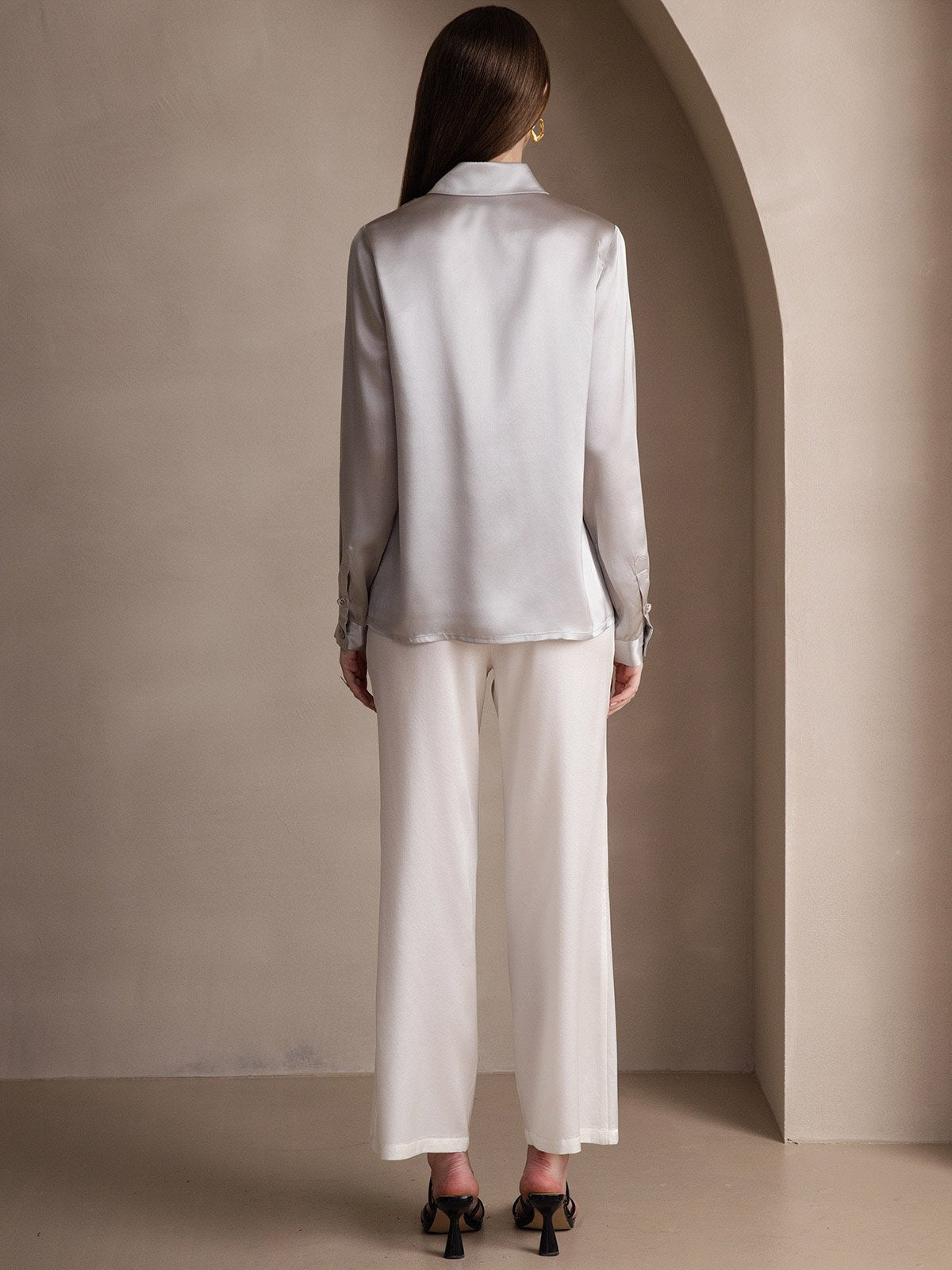 [Ljusgrå] SilkSilky-SE 19Momme Silke Lång Ärm Krage Damskjorta 002