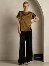 [Brun] SilkSilky-SE 19Momme Kort Ärm Båtringad Dam T-Shirt 001