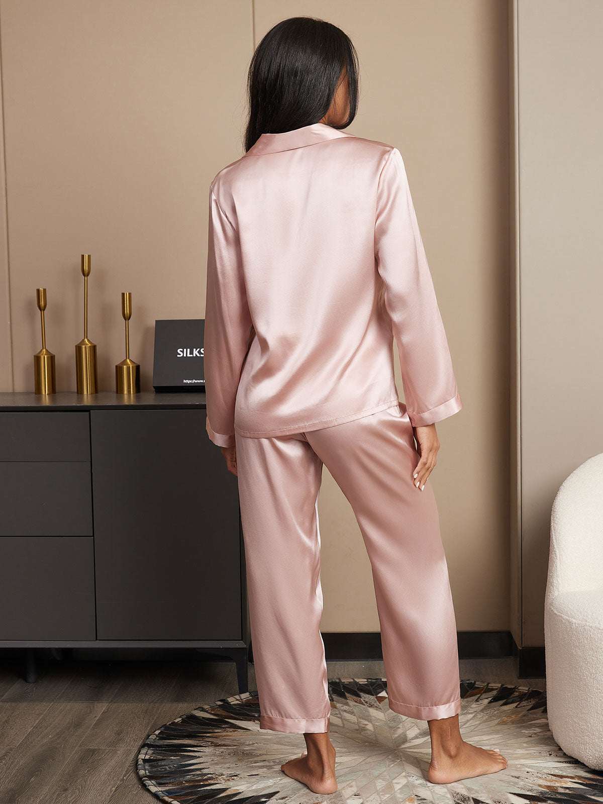 [Rosa] SilkSilky-SE Rent Silke Lång Ärm Womens Pajamas 002