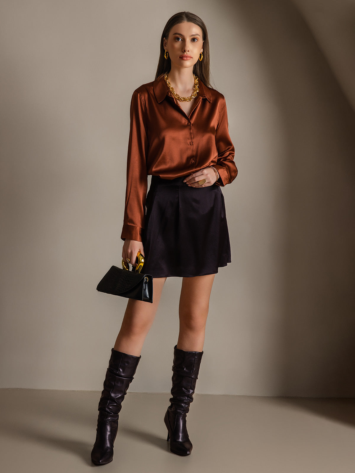 [Kola] SilkSilky-SE Silke Lång Ärm Krage Damskjorta 005