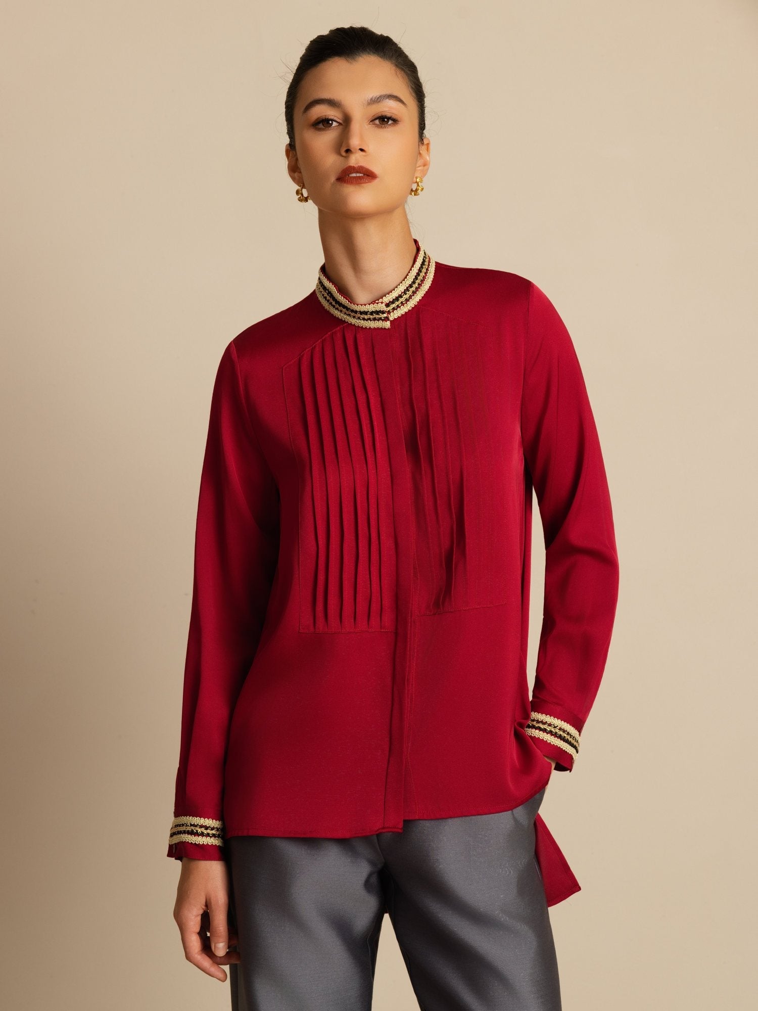 [Vin] SilkSilky-SE 19Momme Silke Lång Ärm Ståkrage Blus 004