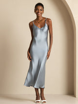[Gråblå] SilkSilky-SE Spaghetti Strap V Neck Klänning 007