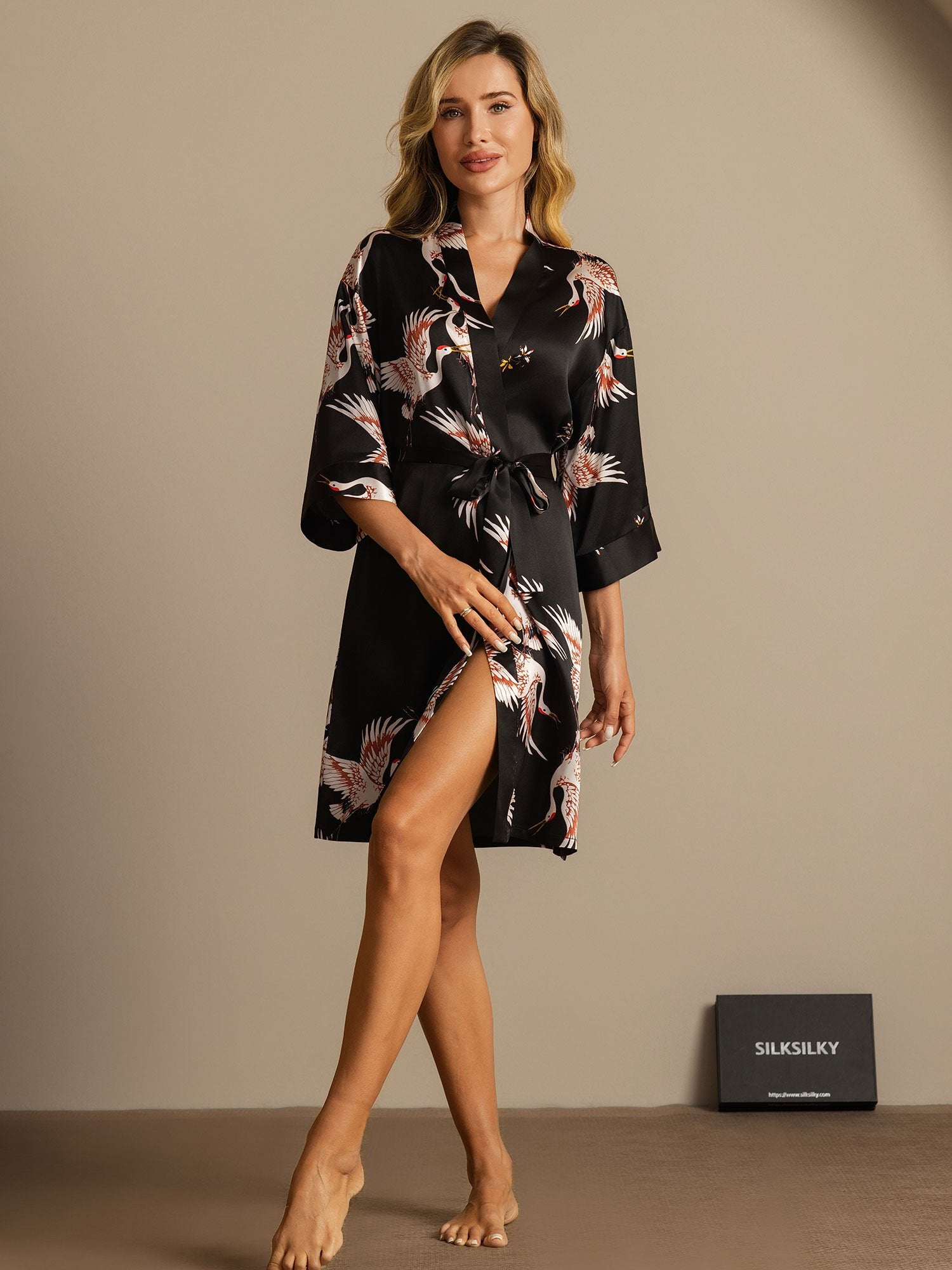 [Svart] SilkSilky-SE 19Momme Rent Silke Womens Robe 003