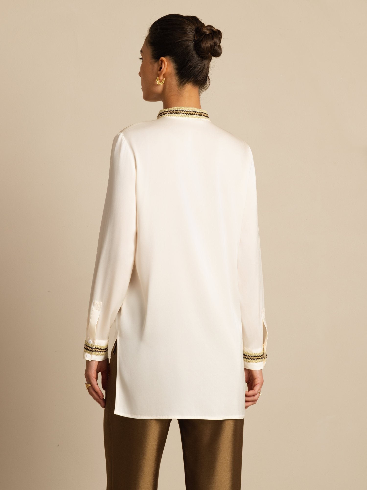 [Havspärla] SilkSilky-SE 19Momme Silke Lång Ärm Ståkrage Blus 002