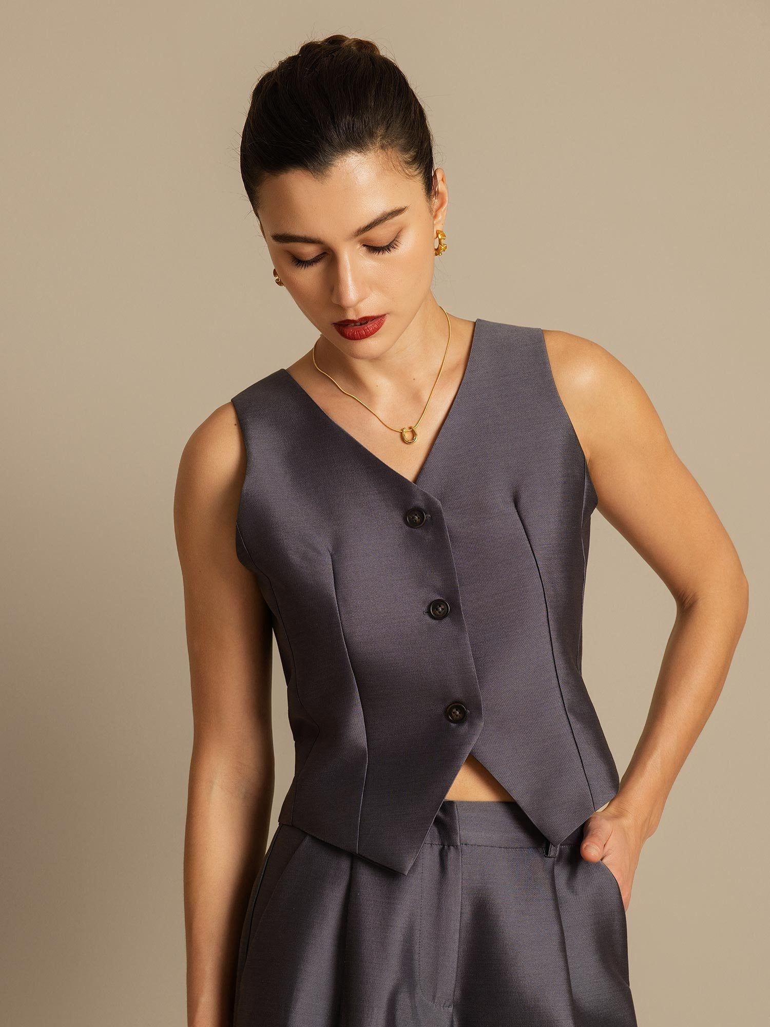 [Grå] SilkSilky-SE 32Momme Silk-Wool Blend Womens Vest 007,