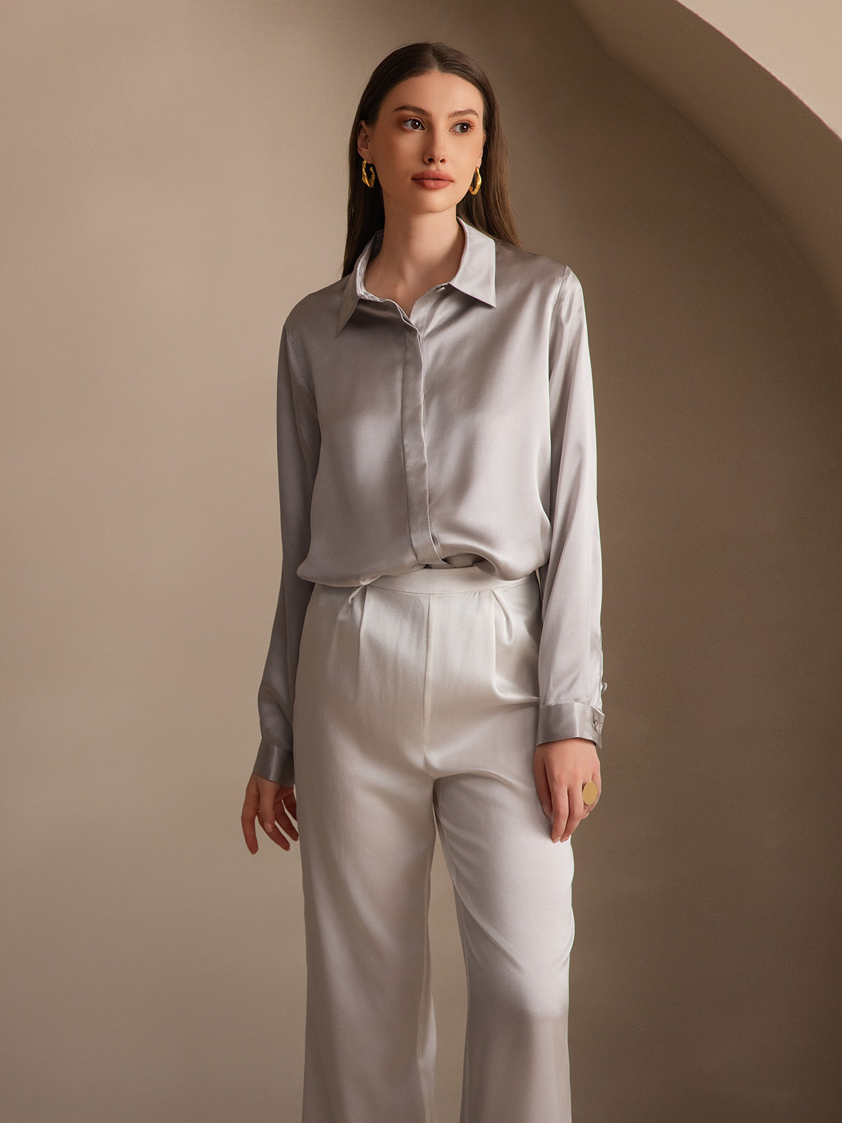 [Ljusgrå] SilkSilky-SE 19Momme Silke Lapel Collar Damskjorta 006