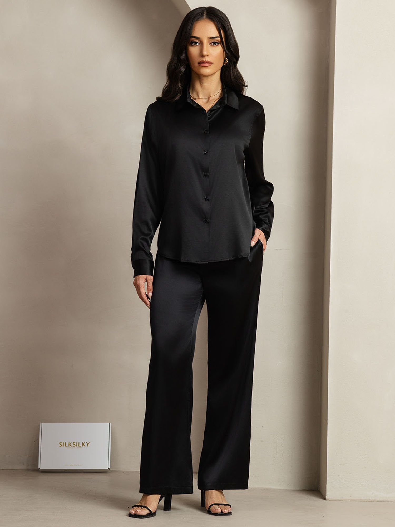 [Svart] SilkSilky-SE 19Momme Silke Krage Women''s Outfit Sets 001