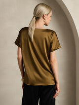 [Brun] SilkSilky-SE 19Momme Kort Ärm Båtringad Dam T-Shirt 002