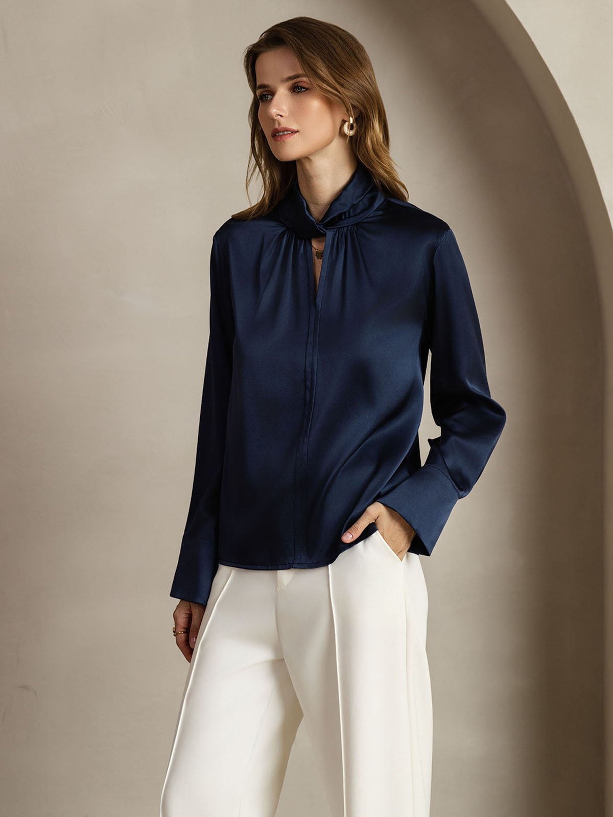 [Mörkblå] SilkSilky-SE 19Momme Silke Womens Shirt 003