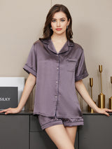 [Lila Grå] SilkSilky-SE Short Sleeve Lapel Collar Dam Pyjama 003