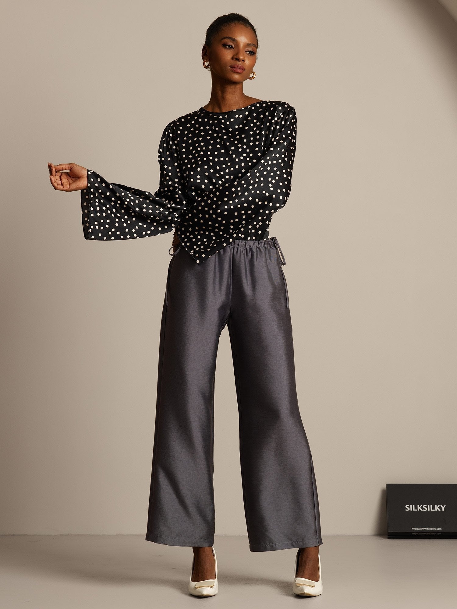 [Grå] SilkSilky-SE 32Momme Silk-Wool Blend Womens Pants 006,