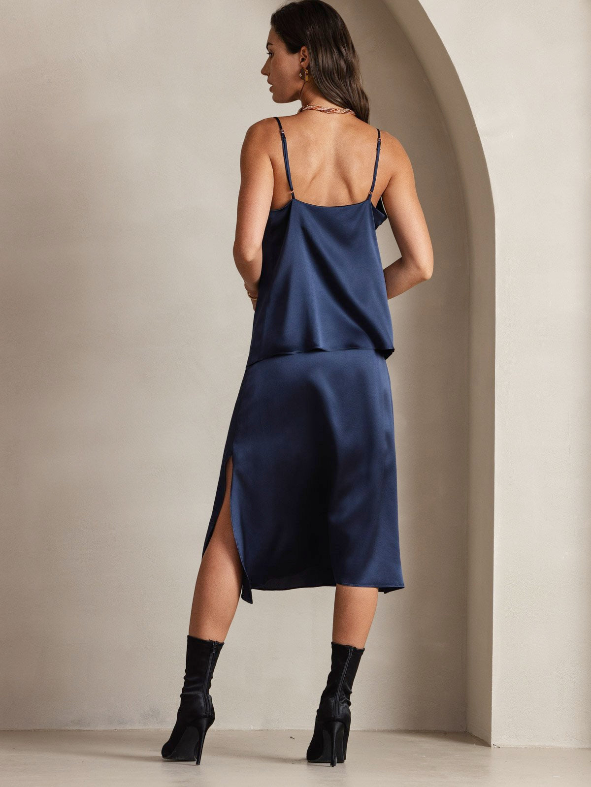 [Mörkblå] SilkSilky-SE 19Momme Spaghetti Rem Cowl Halsringning Cami Toppar 002