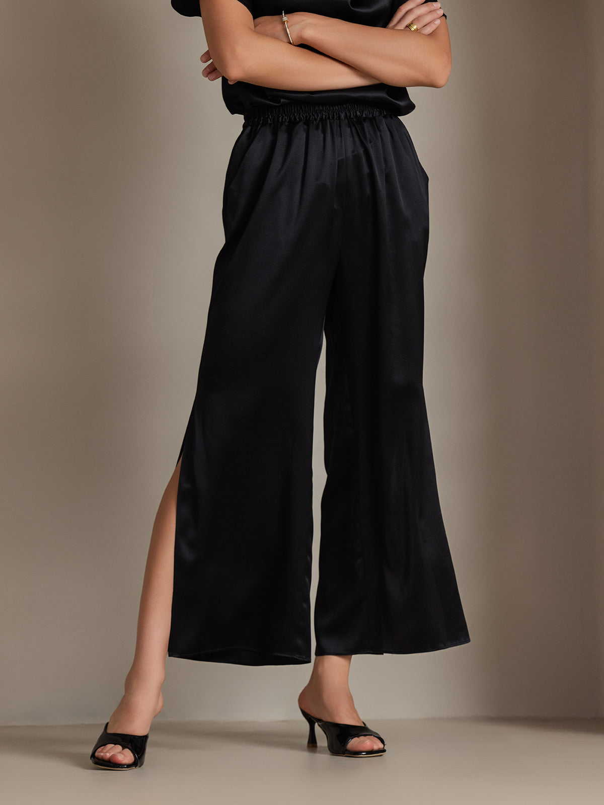 [Svart] SilkSilky-SE 19Momme Silke Womens Pants 001