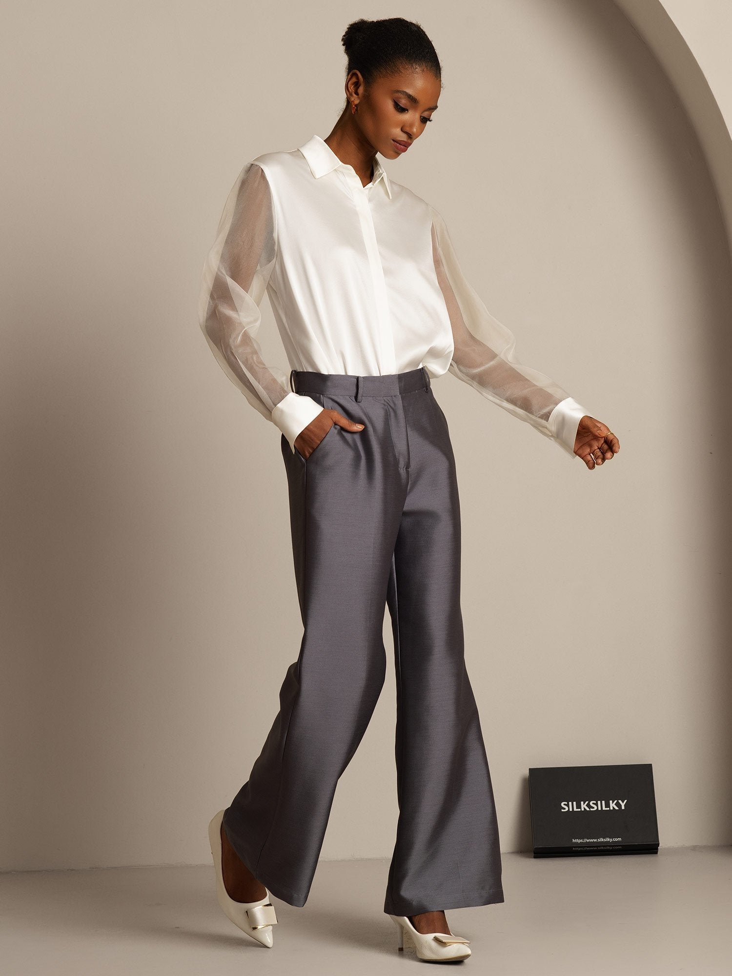 [Grå] SilkSilky-SE 32Momme Silk-Wool Blend Womens Pants 008,