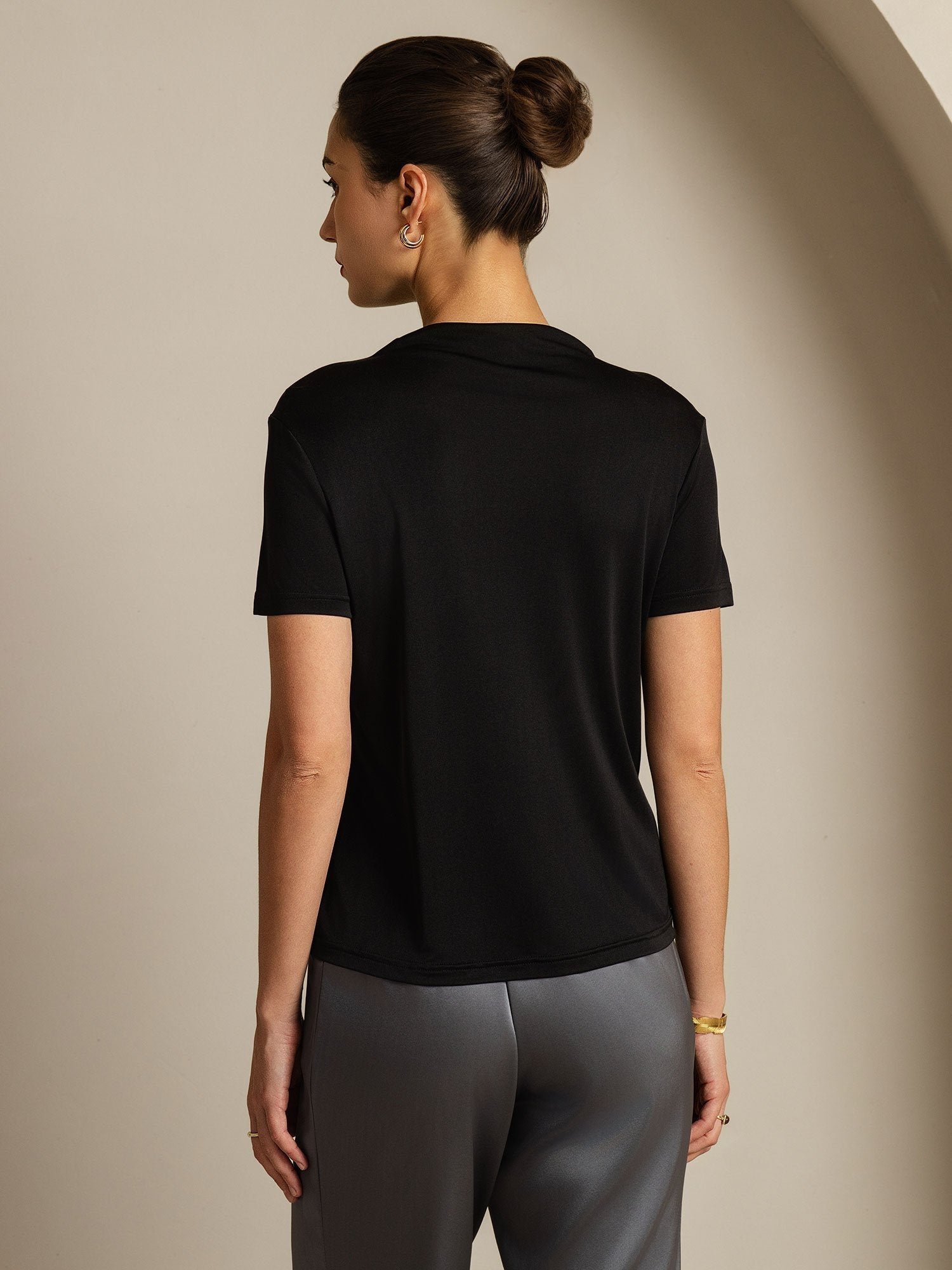 [Svart] SilkSilky-SE Rent Silke Krage Dam T-Shirt 002