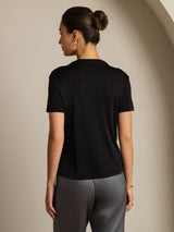 [Svart] SilkSilky-SE 100% Silk Jersey Short Sleeve Mock Neck Dam T-Shirt 002