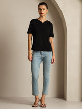 [Svart] SilkSilky-SE Kort Ärm V Ringning Dam T-Shirt 008