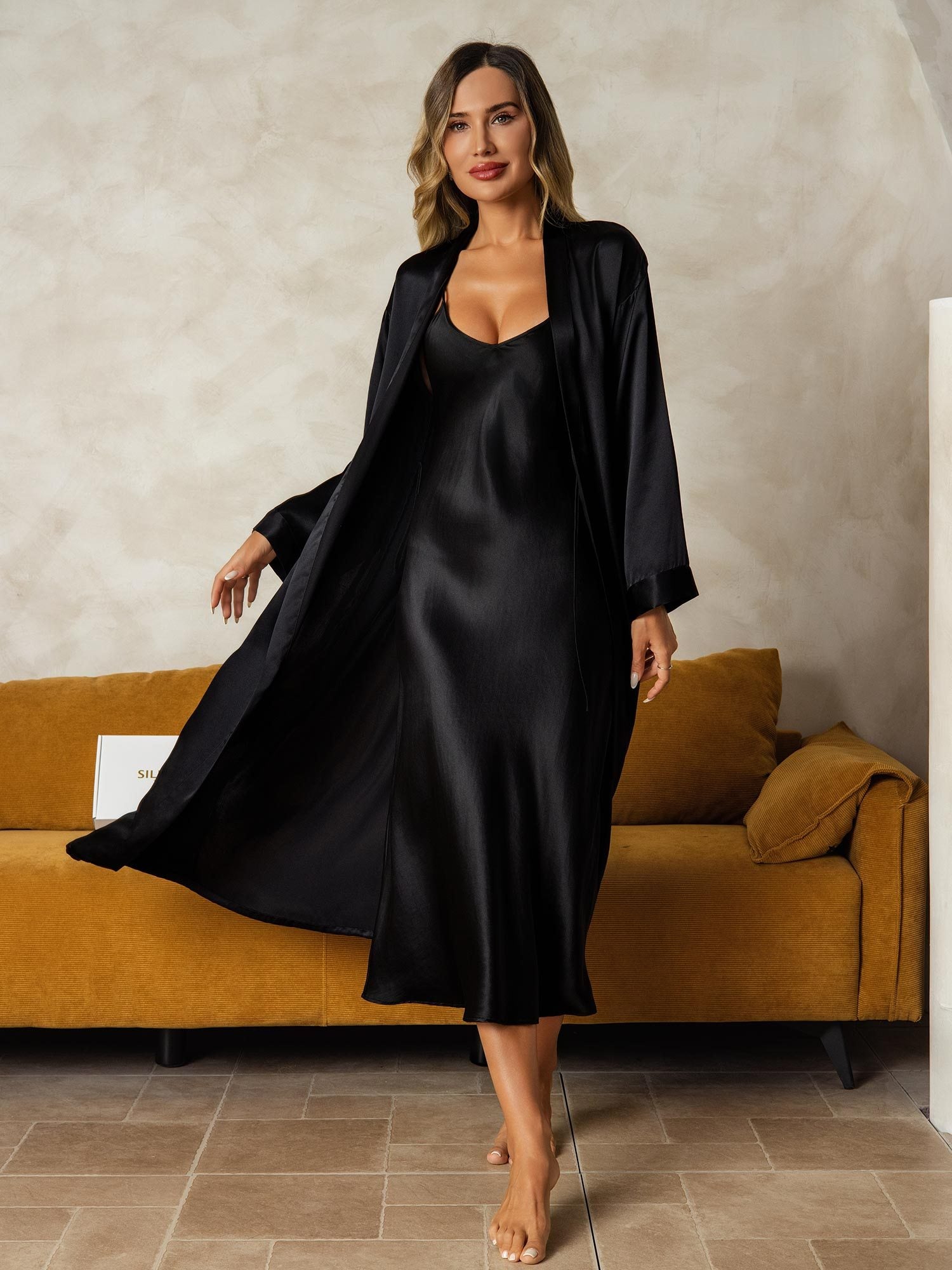 [Svart] SilkSilky-SE Rent Silke Nightgown&Robe Set 001