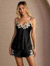 [Svart] SilkSilky-SE Spaghetti Strap V Neck Camisole Set 003