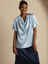 [Gråblå] SilkSilky-SE Short Sleeve Cowl Neck Damblusar 004