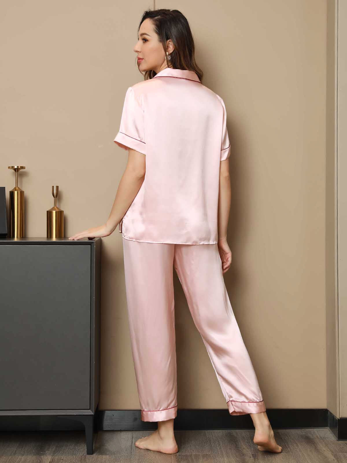 SilkSilky SE Rent Silke Kort Ärm Slag Dam Pyjama Rosa 002