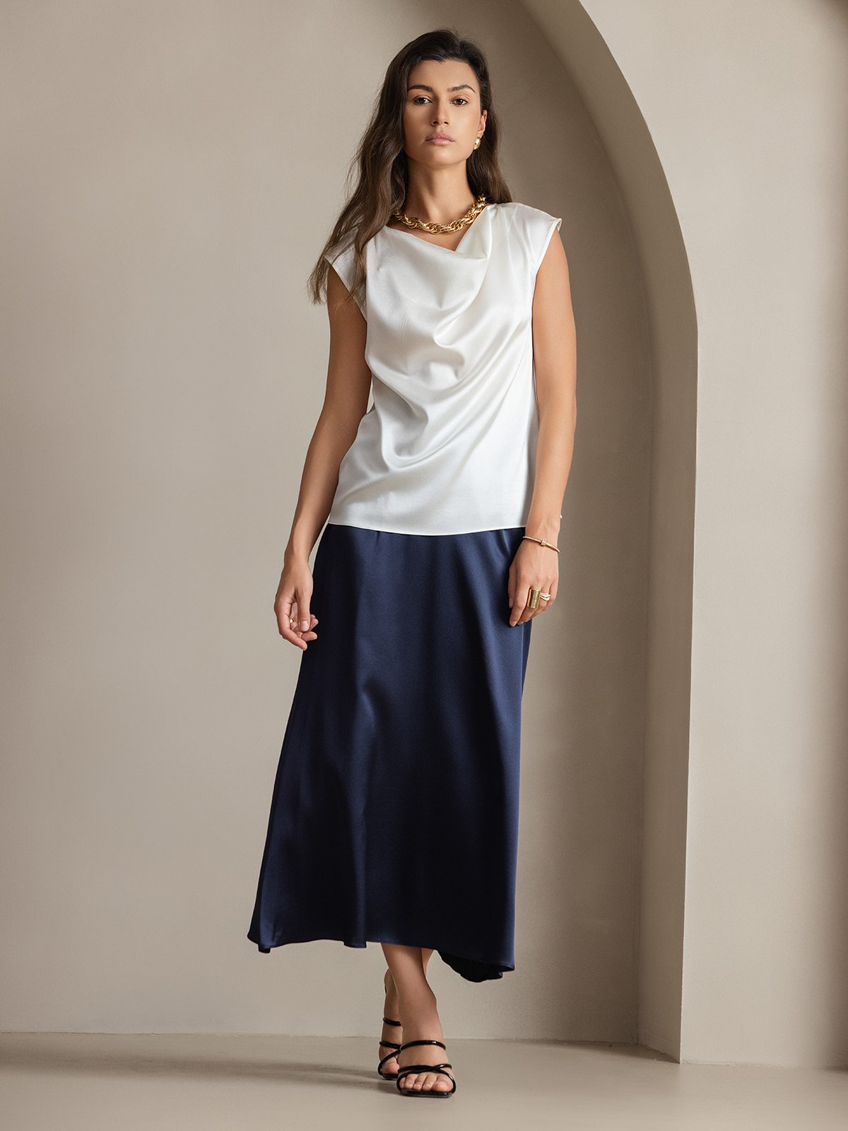 [Vit] SilkSilky-SE 19Momme Silke Ärmlös Womens T-Shirt 007