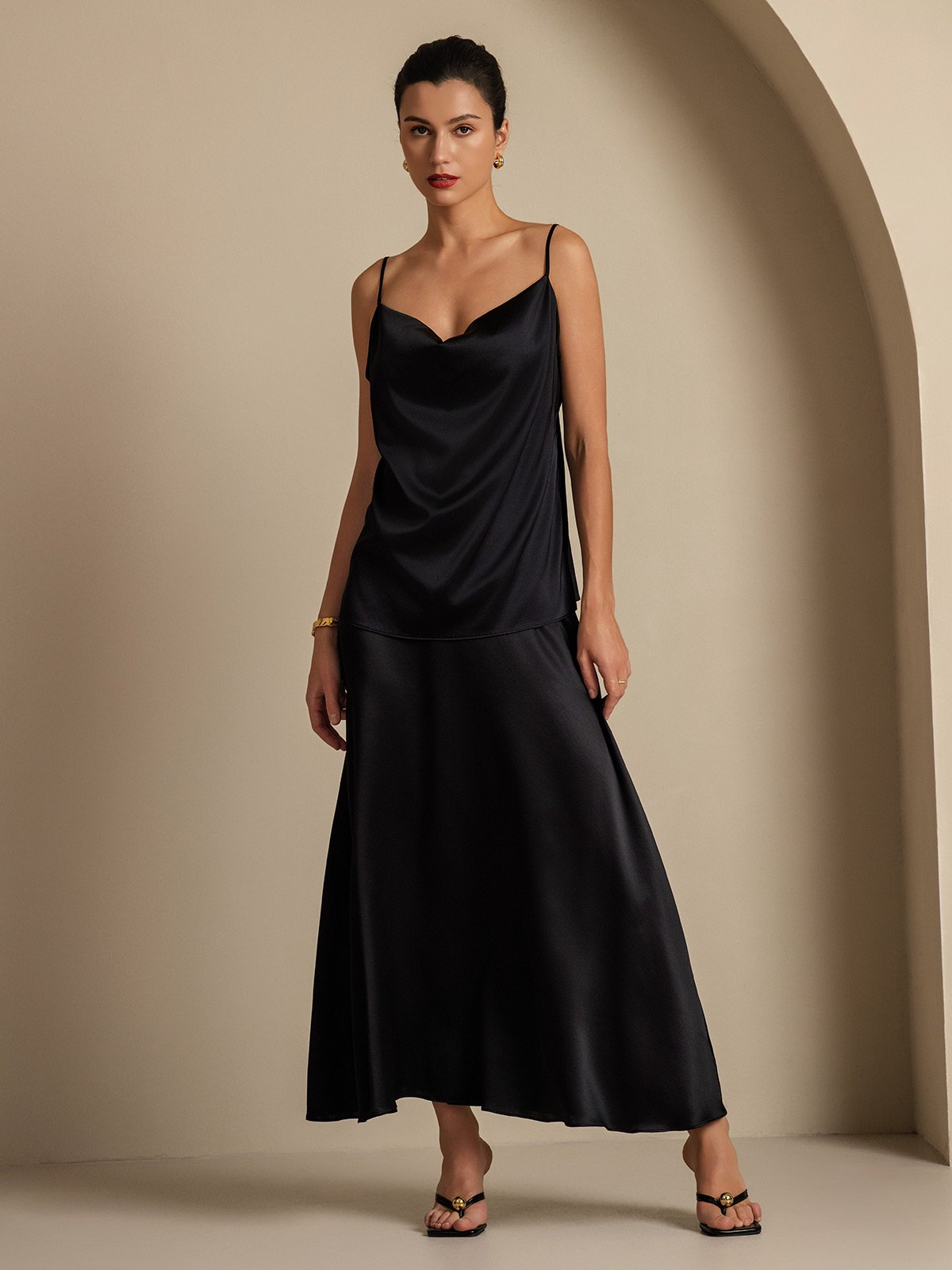 [Svart] SilkSilky-SE 19Momme Silke Krage Women''s Outfit Sets 007,