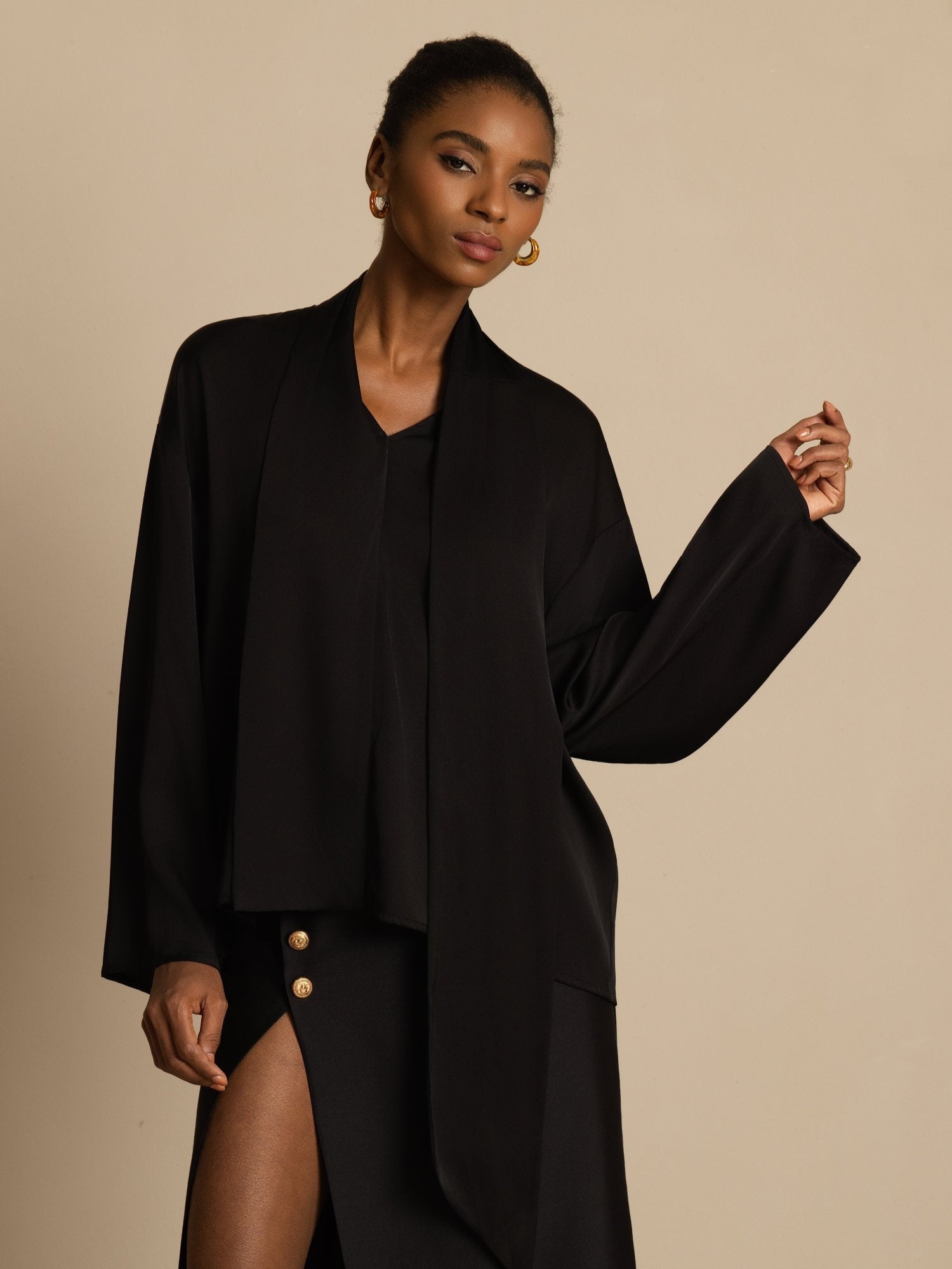 [Svart] SilkSilky-SE 19Momme Silke Lång Ärm V Ringning Blus 004