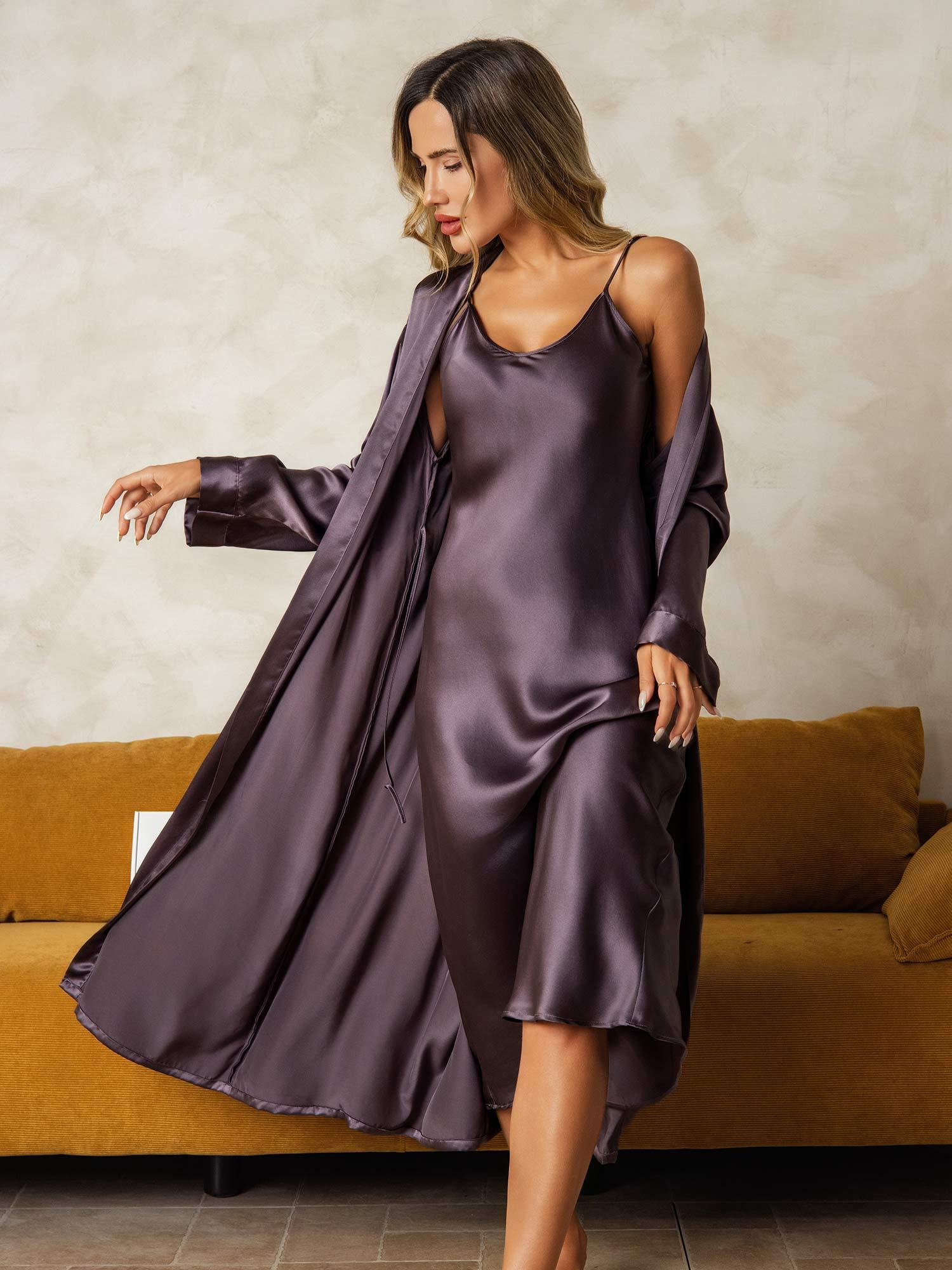 [LilaGrå] SilkSilky-SE Rent Silke Nightgown&Robe Set 001