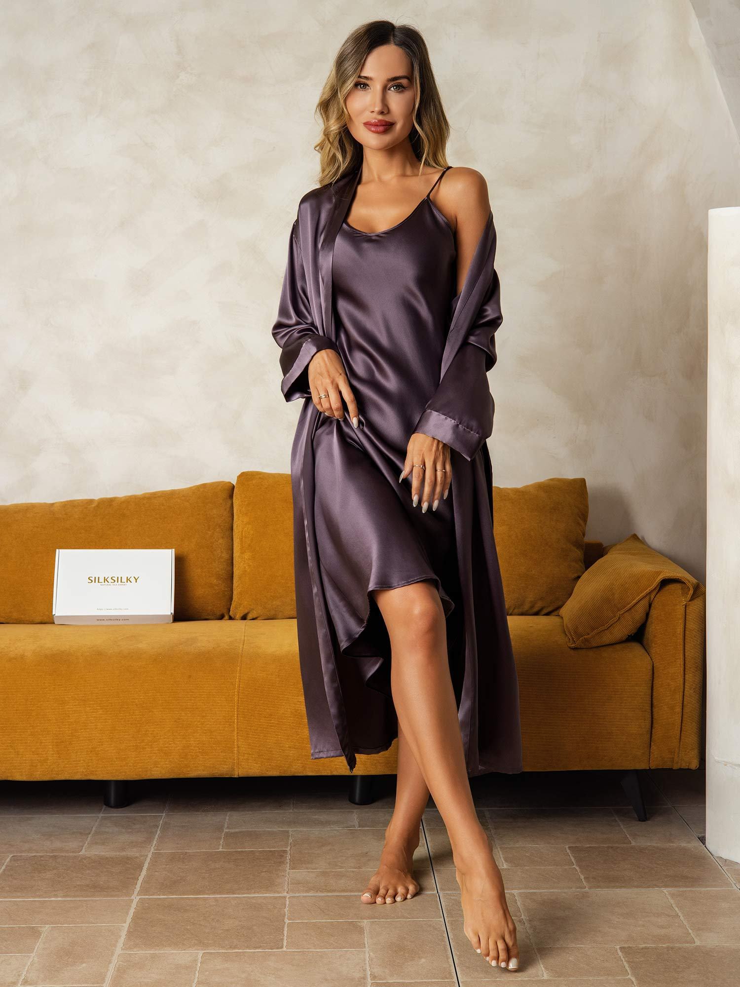 [LilaGrå] SilkSilky-SE Rent Silke Nightgown&Robe Set 005