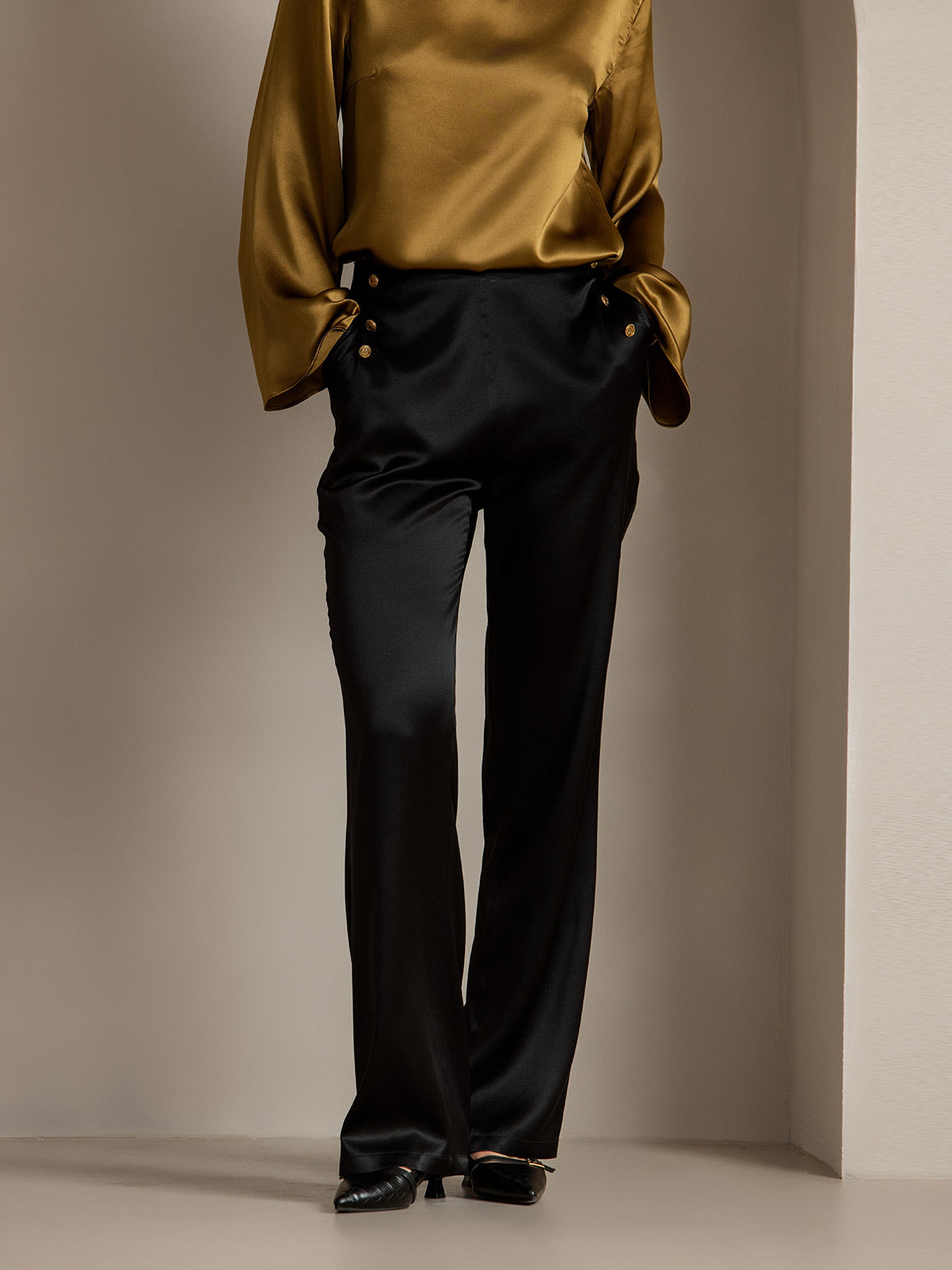 [Svart] SilkSilky-SE 19Momme Silke Womens Pants 004