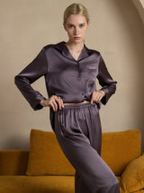 [Lila Grå] SilkSilky-SE Long Sleeve Lapel Collar Dam Pyjama 004