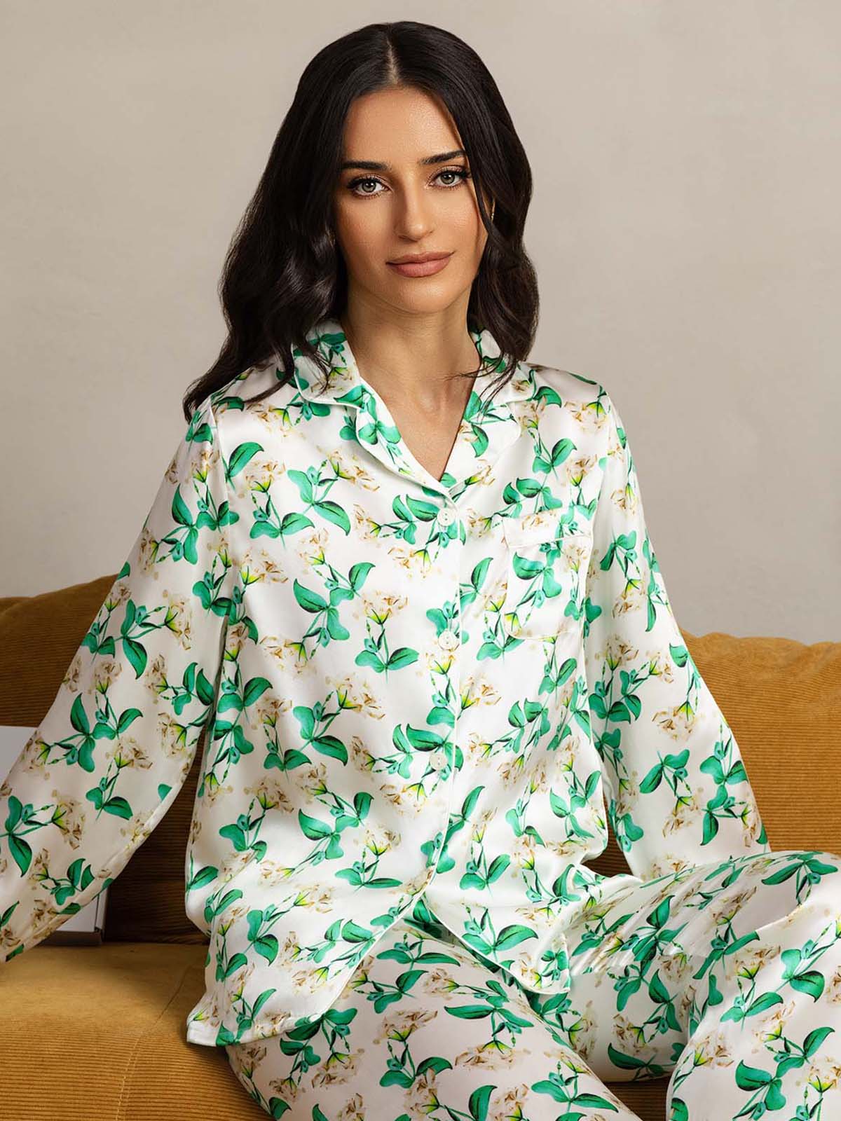 [Grön Blommor] SilkSilky-SE Rent Silke Womens Pajamas 005