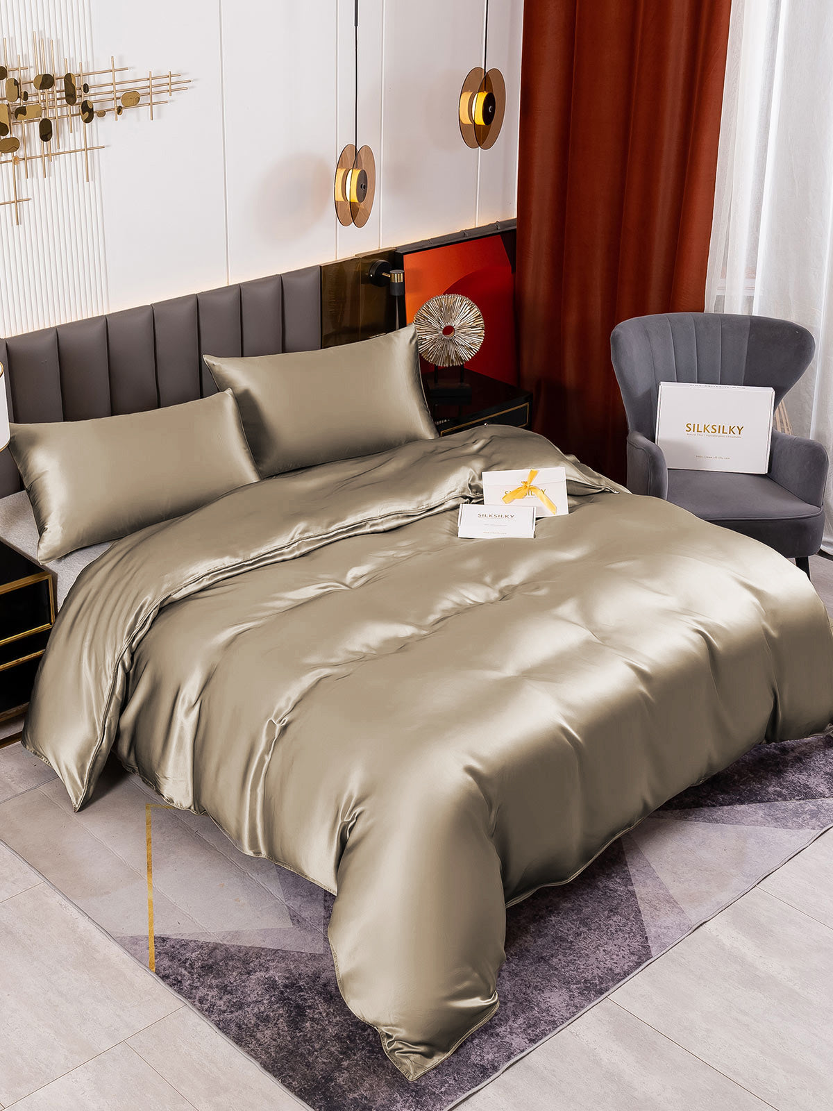 SilkSilky SE 19Momme Rent Silke Bedding Set Kaki 003