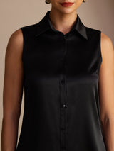 [Svart] SilkSilky-SE Sleeveless Lapel Collar Damskjorta 004