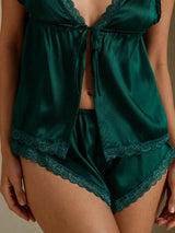 [Mörkgrön] SilkSilky-SE Spaghetti Strap V Neck Camisole Set 005