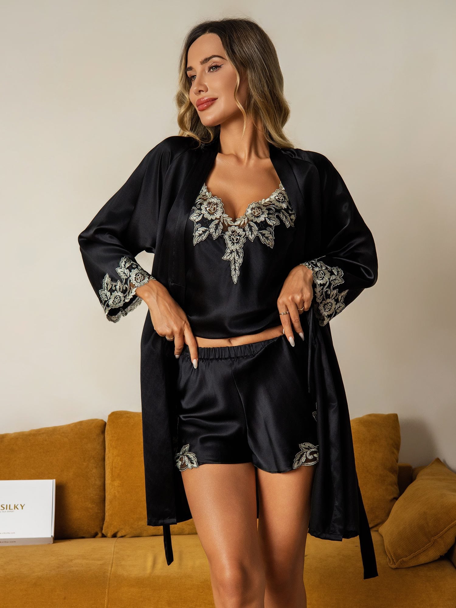 [Svart] SilkSilky-SE Rent Silke Nightgown&Robe Set 003