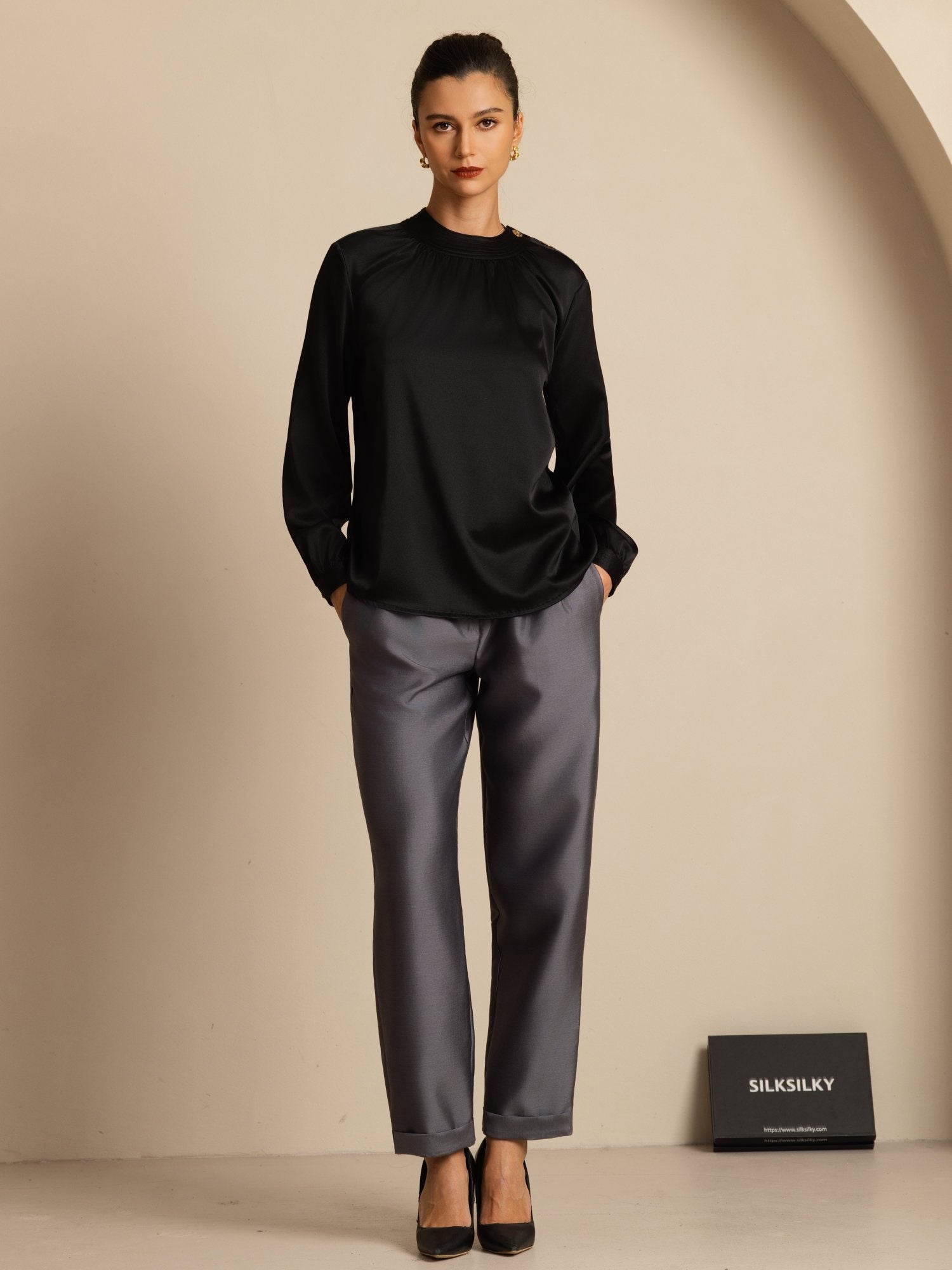 [Svart] SilkSilky-SE 19Momme Silke Lång Ärm Rund Halsringning Blus 008