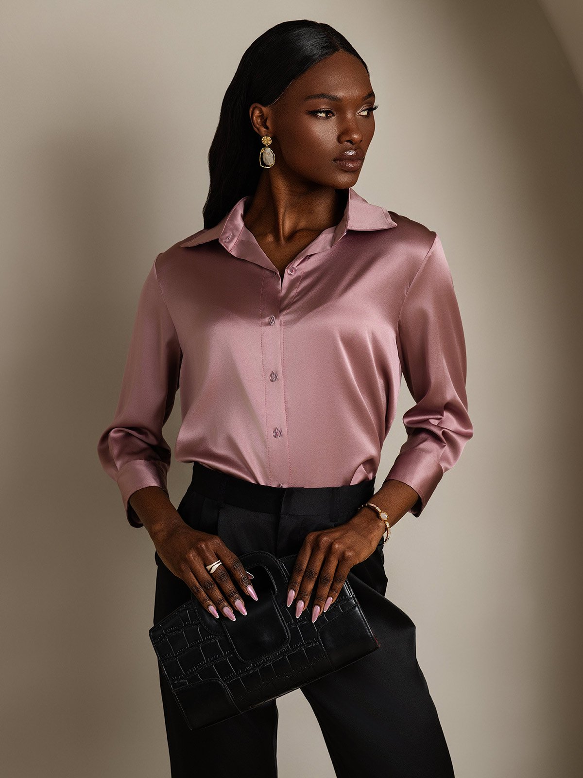 SilkSilky-SE 19Momme Silke Lång Ärm Slag Damskjorta BlekMauve 005