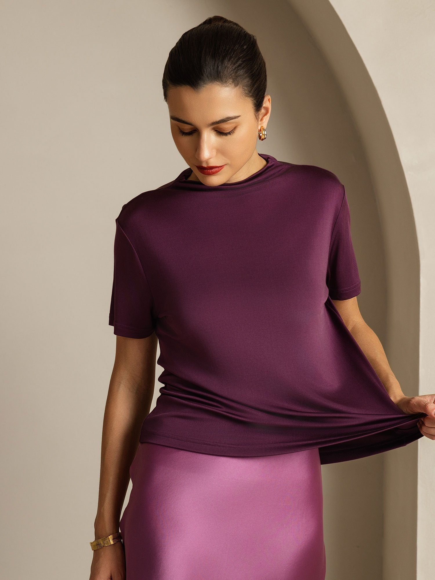 [Lila] SilkSilky-SE Rent Silke Krage Dam T-Shirt 003