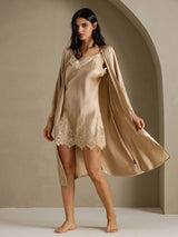 [Champagne] SilkSilky-SE 3/4 Sleeve V Neck Dam Nattlinne&Morgonrock Set 001