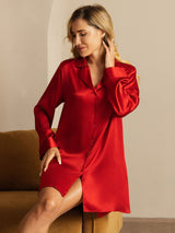 [Röd] SilkSilky-SE Long Sleeve Lapel Collar Dam Sömnskjorta 005